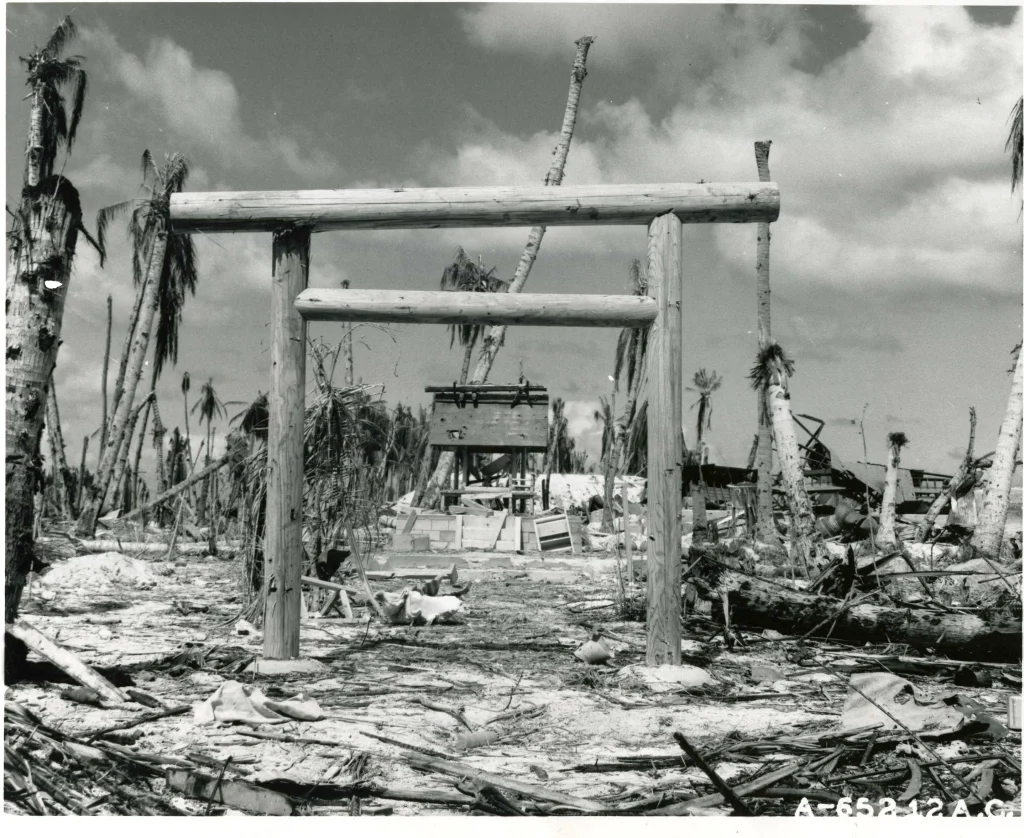 View of battle damage to Tarawa, Gilbert Islands. Tarawa Atoll was conquered between November 20th and 28th, 1943.